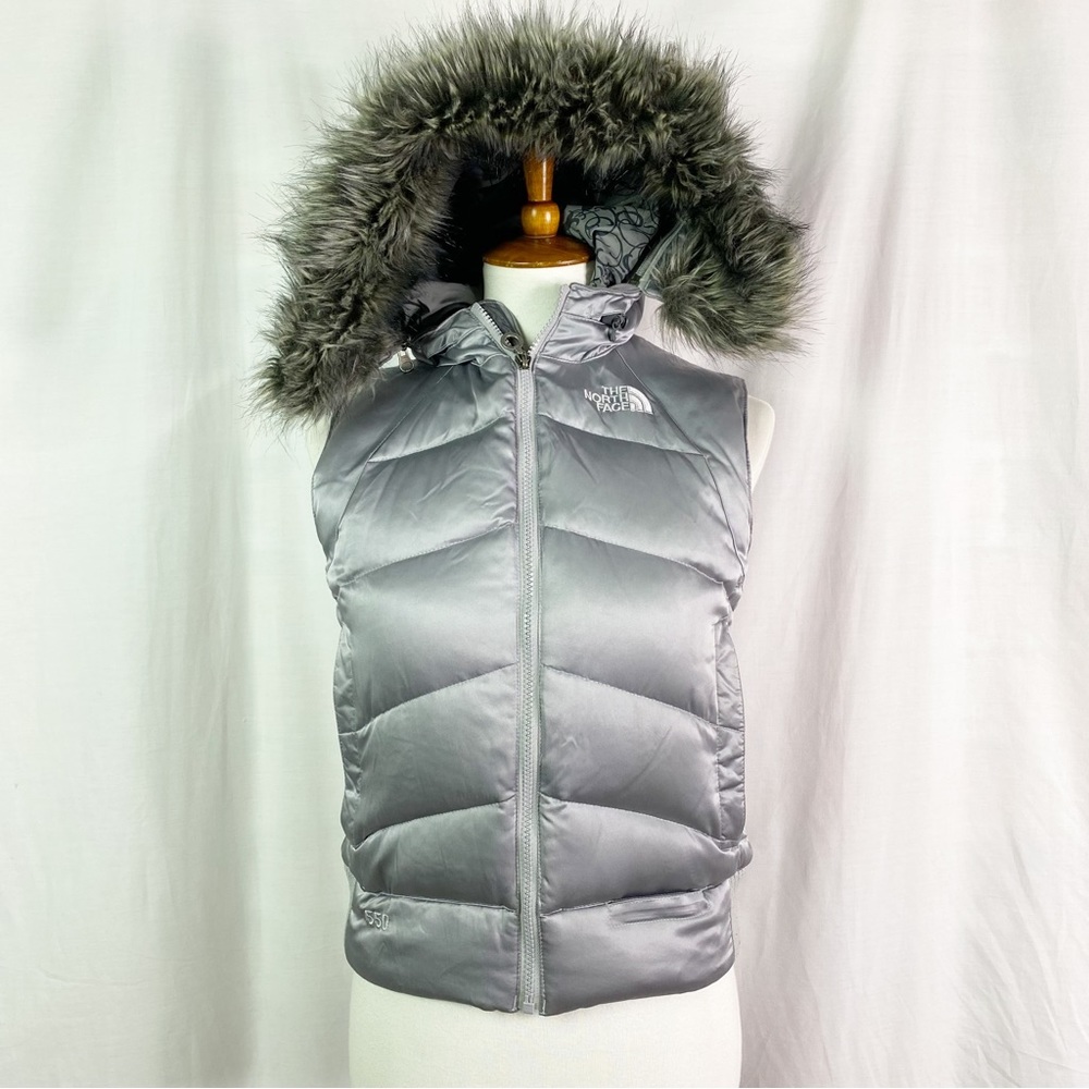 North Face 550 Goose Down Puffer Vest Silver Gray Faux Fur Trim Hood Sm